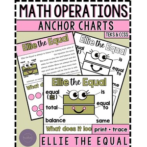 May include: Two printable anchor charts for teaching math operations using the concept of "Ellie the Equal". The charts feature a cartoon character named Ellie, who represents the equals sign. The charts include the words "equal", "total", "balance", "same", and "is equal to".