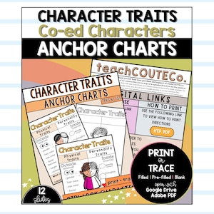 Pode incluir: Cartazes educativos intitulados Character Traits Co-ed Characters com diagramas de traços físicos e de personalidade. Inclui links digitais, opções para imprimir ou decalcar e 12 slides. O texto inclui teachCOUTECo, Digital Links e Print or Trace.