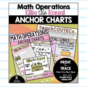 Peut inclure: Affiches pédagogiques Math Operations Ellie the Equal présentant des diagrammes éducatifs avec un personnage de dessin animé, des étiquettes de texte et du contenu pédagogique. Inclut des liens numériques, des instructions d'impression et des options.
