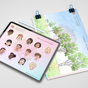 May include: A digital tablet displaying a colorful chart with cartoon faces representing different emotions. The chart is titled "Brain Based EMDR Training" and includes the text "How are you feeling?"  A second sheet of paper with a tree diagram and the text "Brain Based EMDR Training" and "Validity of Cognition Scale" is partially visible.