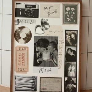 May include: A framed collage featuring a vintage camera, a vinyl record, and a ticket that says "GOOD TIMES". Includes a black and white photo of a couple, a heart-shaped locket, and the text "M & A".