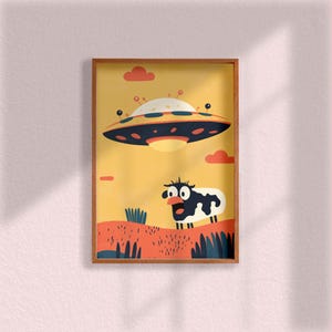 Cow and Aliens Wall Art, Kids Room Decor, Funny Poster for Playroom, Baby Room, Bedroom Decor