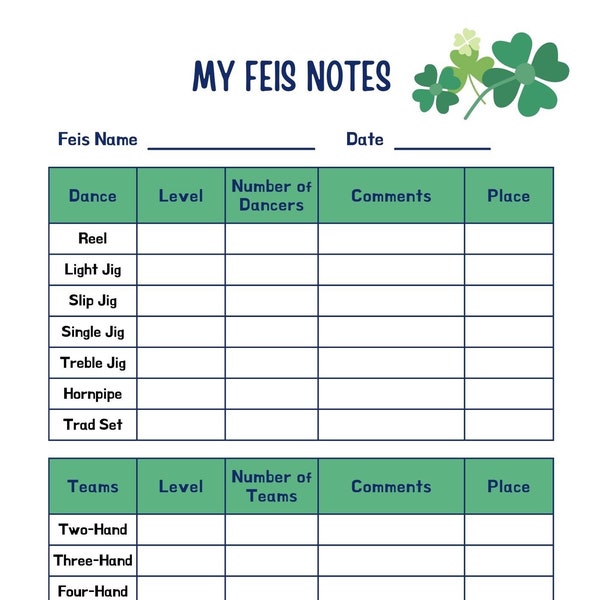 My Feis Notes - Irish Dancer Ergebnisbogen // Printable PDF File