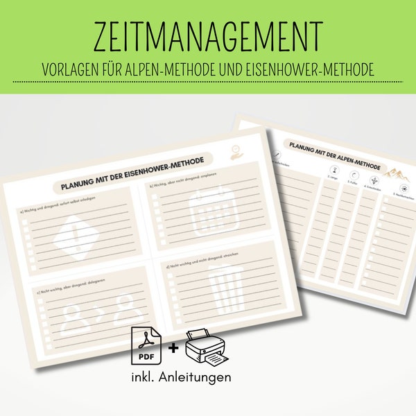 Zeitmanagement verbessern Vorlage ALPEN-Methode EISENHOWER-Methode PDF Vorlage Download Planer schlichtes Design Zeit sparen Mentalload