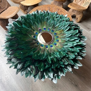 JUJUHAT XXL 85CM, Peacock feathers, green feathers with silver tips, black and green rooster, silver metal mirror 18 cm - quality in volume