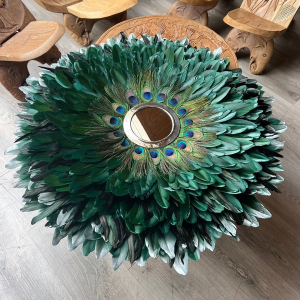 JUJUHAT XXL 85CM, Plumes de paon, plumes vertes pointes argentées, coq noir et vert, miroir en métal argenté 18 cm - de la qualité en volume