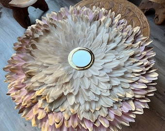 JUJUHAT deco in natural feathers XXL 85CM, Pink with golden tips, beige with golden tips, beige and mirror 14/15cm in brass - Handmade