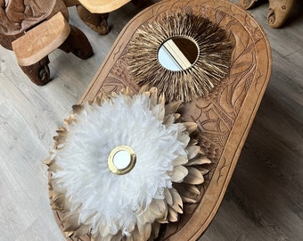 MAGNIFICENT golden DUO, 35cm raffia sun mirror and 47cm beige gold Jujuhat in natural feathers, white rooster and 9cm brass mirror
