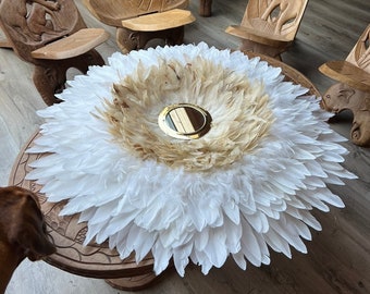 JUJUHAT in natural white feathers, XXL 85CM, White, fluffy white, rooster and golden brass mirror 14/15cm - A boho-inspired Juju hat