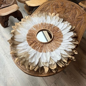 Natural JUJUHAT 55-60CM, Beige, white, golden feathers and natural raffia mirror 15cm hand-woven, African style ethnic Juju hat