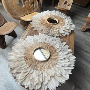 JUJUHAT natural 70CM, beige feathers, 15cm hand-woven raffia mirror, for a sober and chic interior decoration, handmade in France