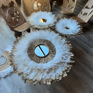JUJUHATS TRILOGY, Beige, white and gold feathers, 20cm gold raffia mirror and 15cm and 9cm gold brass mirrors - Handmade