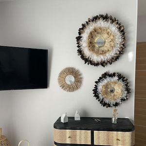 Handcrafted creation, TRIO OF JUJUHATS in natural feathers: black, golden white, beige with golden brass mirrors and raffia sun mirror