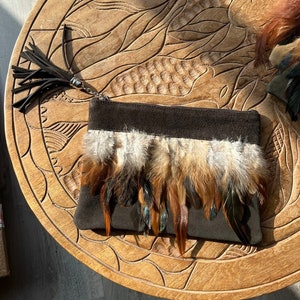 BROWN feather POUCH, an outing accessory or a pencil case, in suede and feathers with suede tassel, chic and useful as a handbag