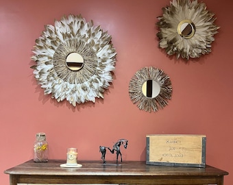 Handmade, TRIO OF JUJUHATS, Handcrafted creation in natural feathers: White, gold and beige, raffia and gilded brass mirrors