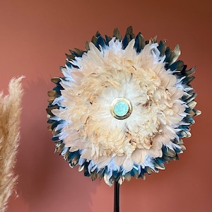 JUJUHAT Boho chic 55-60CM, Duck blue gold, beige, fluffy white and beige rooster with 9cm mirror in gold brass handmade in Morocco