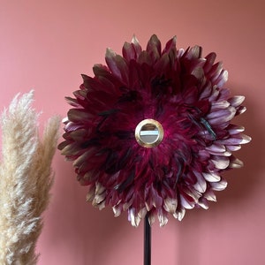 JUJUHAT Flamboyant 55-60CM - burgundy red gold, burgundy red rooster feathers and 9cm gold brass mirror, entirely handmade decoration