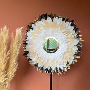 JUJUHAT 70CM, Black, gold, white, beige feathers, white rooster feathers and 18cm gold brass mirror - decoration made in France
