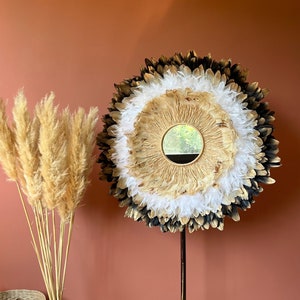 JUJUHAT XXL 85CM - Large model in black gold, beige gold, fluffy white and rooster feathers, natural raffia 20cm - handmade