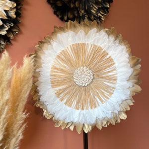 Natural JUJUHAT 55-60CM, Beige, white, gold feathers and center in cowrie shells and natural raffia hand-woven, ethnic and chic Juju hat