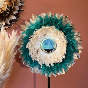 JUJUHAT 55-60CM, Brass mirror 14/15cm, natural feathers, fluffy duck blue, beige rooster feathers. Unique creation made in France