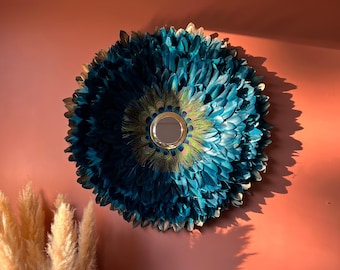 JUJUHAT Natural feathers, XXL 85CM, duck blue with golden tips, fluffy and peacock with 15cm golden brass mirror - Handmade