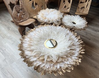Feather decoration, JUJUHATS TRILOGY, beige, gold and white, Handmade in France - African-inspired wall composition