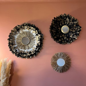 Handcrafted creation, TRIO OF JUJUHATS in natural feathers: black, golden white, beige, raffia and golden brass mirrors 15cm, chic and sober