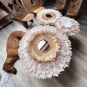 JUJUHATS TRILOGY, Decorative boho mirrors in beige, white, fluffy white and beige, rooster feathers and hand-knotted natural raffia