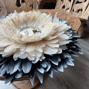 Handmade, JUJUHAT 70CM, natural black feathers with silver tips, beige, rooster feathers, silver metal mirror 15cm - Wall decoration