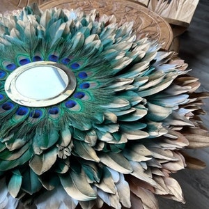 JUJUHAT Peacock, XXL 85CM, Terracotta gold feathers, white gold, green gold, peacock and brass mirror 18cm - Modern, chic and elegant Jujuhat to hang
