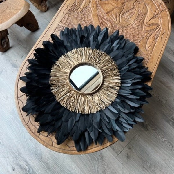 JUJUHAT noir 55-60CM, Plumes naturelles noires, raphia doré - simple et sobre pour une décoration tendance. Création artisanale Française