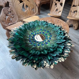 JUJUHAT in Peacock Feathers, size XXL 85CM - green gold, black rooster, green, peacock - Handmade in France, to enhance your interior walls