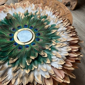 JUJUHAT Natural feathers, size XXL 85CM, Terracotta gold, white gold, green gold, peacock and gold brass mirror 15cm - Handmade