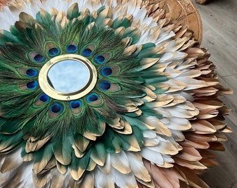 Jujuhat XXL 85cm Peacock and Brass Mirror - Wall Decoration with Terracotta, White, Green and Gold Feathers - one of my shop's favorites