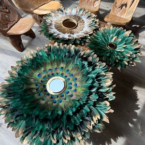 Natural feather decoration, TRIO OF JUJUHATS 85CM / 55-60CM / 47CM, Green gold, white gold, black rooster, peacock, golden brass and raffia mirrors