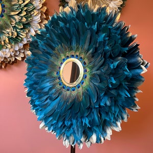 Handmade wall decoration, JUJUHAT Natural feathers, 70CM, Duck blue with golden tips, fluffy, peacock feathers and brass mirror 14/15cm