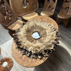 Natural feather wall decoration, JUJUHAT 70CM, black and beige with golden tips, rooster feathers and 15cm mirror in golden raffia