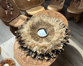 Natural feather wall decoration, JUJUHAT 70CM, black and beige with golden tips, rooster feathers and 15cm mirror in golden raffia