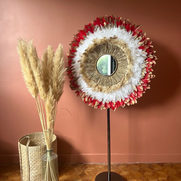 JUJUHAT XXL 85CM en plumes naturelles rouges dorées, blanches dorées, fluffy blanc, coq beige et miroir raphia doré 20cm tissé à la main