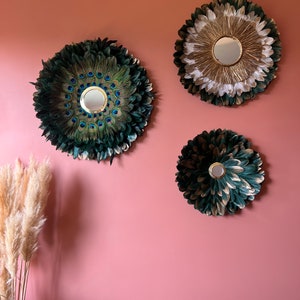 Natural feather decoration, TRIO of JUJUHATS 70cm / 55-60cm / 47cm, Green gold, white gold, black rooster, peacock, golden brass and raffia mirrors