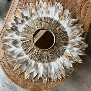 JUJUHAT Gold 55-60CM, decoration in natural white feathers with golden tips and 15cm mirror in golden raffia. French artisanal creation image 5