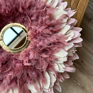 JUJUHAT pink 55-60CM, Natural pink, beige, fluffy old pink feathers and 14/15cm gold-plated brass mirror - Made in France