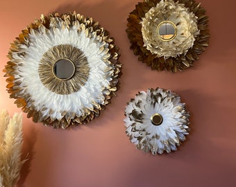 Trendy interior decor, TRIO of jujuhats in natural terracotta, beige, white and gold feathers, raffia and gold brass mirrors