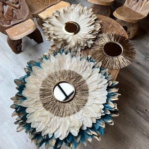 TRIO OF JUJUHATS, Handcrafted in natural feathers, shades of duck blue, gold and beige, mirrors in raffia and golden brass from Morocco