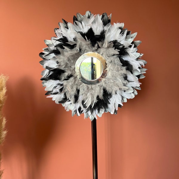 JUJUHAT 47CM - plumes naturelles, noir argenté, blanc argenté, fluffy blanc, gris et noir, miroir 15cm argenté en métal fabriqué à la main