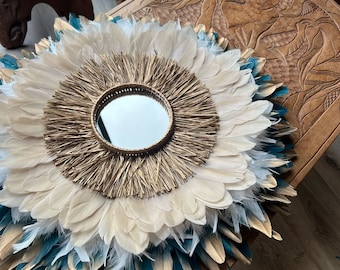 JUJUHAT blue 55-60CM, boho decoration in natural blue duck feathers with golden tips, white fluffy, beige and mirror 15cm in golden raffia