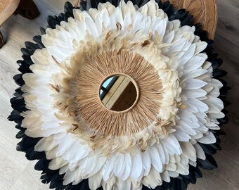Juju Hat XXL 85 cm – Handmade Boho wall decor, natural black, beige, and white feathers, 15 cm mirror, natural raffia, boho wall decoration