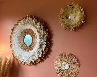 TRILOGY OF JUJUHATS in natural terracotta beige and white feathers, beige rooster feathers and natural raffia - cowrie shells