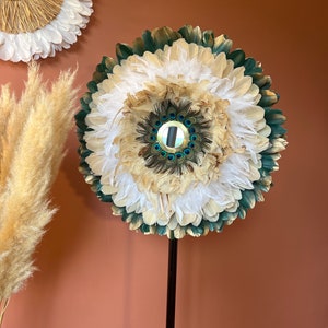 JUJUHAT 55-60CM, Peacock feathers, green feathers with gold tips, beige, white rooster, 9cm brass mirror - Chic and elegant decoration to hang